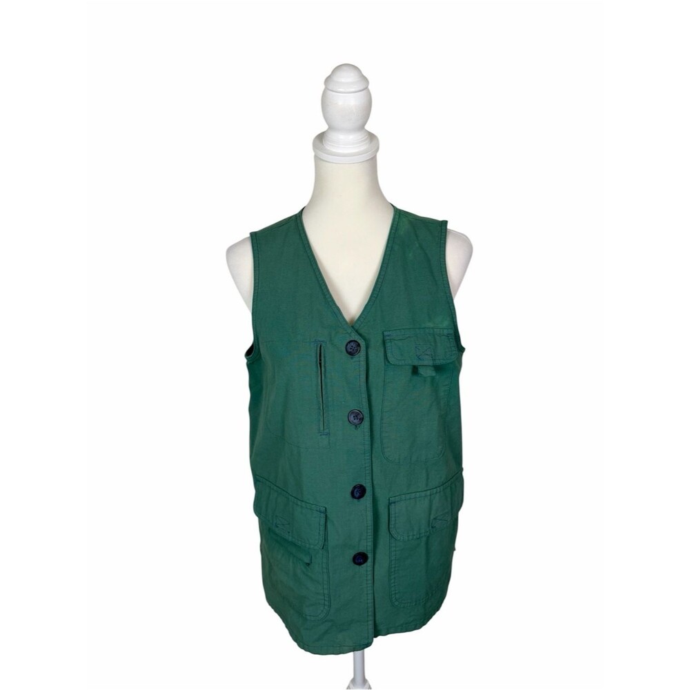 Vintage Nordstrom Green Utility Safari Vest Cotton Button Front Pocket Vest 8